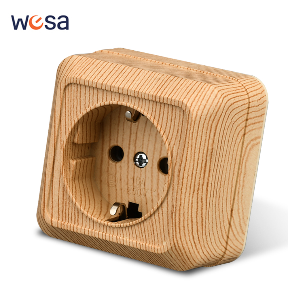 Outdoor Power Parts - Wesa ปลั๊กเสียบพื้นผิวไม้ติดผนังปลั๊กไฟฟ้าอียูเลียนแบบกราวด์ซ็อกเก็ตไฟฟ้ากลางแจ้งไม้ไฟหน่วงไฟพลาสติก