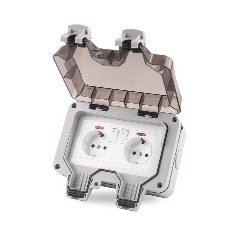 Outdoor Power Outlet Box - IP66 EU เยอรมนีมาตรฐานกันน้ำกลางแจ้ง16A ผนังคู่พร้อมสวิทช์สำหรับ Home Garden