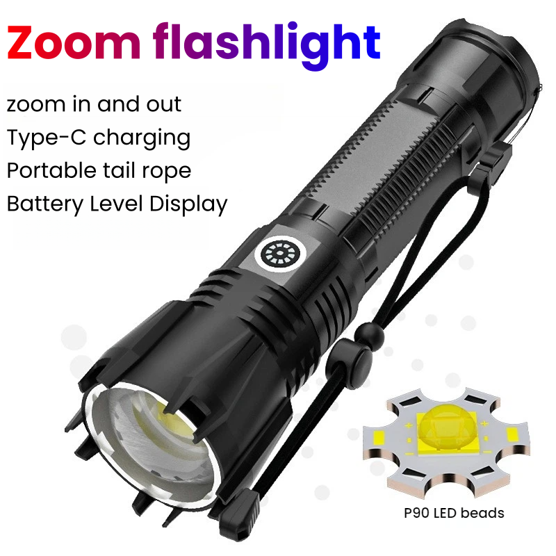 Outdoor Power Meter - ไฟฉาย LED P90 กำลังสูง TYPE-C ไฟฉายซูมแบบชาร์จไฟได้ไฟฉายกันน้ำสำหรับการตั้งแคมป์กลางแจ้งและการล่าสัตว์