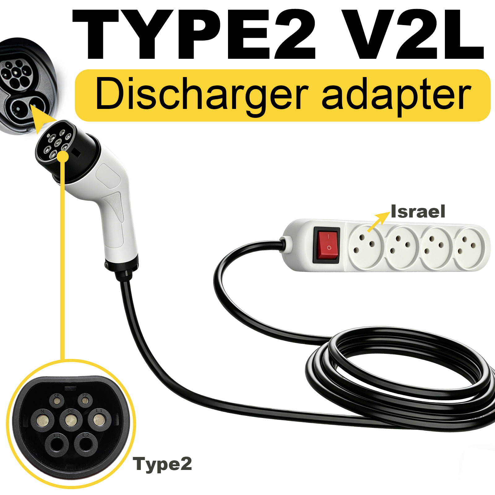 Outdoor Power Station - อะแดปเตอร์ปล่อยไฟฟ้า Type2 V2L สำหรับปลั๊กไฟฟ้าอิสราเอล ใช้กับสถานีไฟฟ้ากลางแจ้ง สำหรับรถยนต์ไฟฟ้า