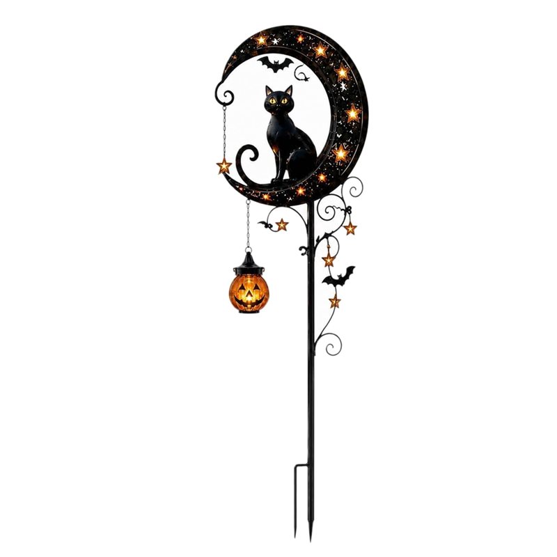 Outdoor Yard Power Stake - AT63-ไฟ LED กันน้ำสำหรับตกแต่งสวนกลางแจ้ง-ใช้พลังงานแสงอาทิตย์-ตกแต่งฮาโลวีนรูปแมว ฟักทอง พระจันทร์ สำหรับลานบ้านและทางเดิน