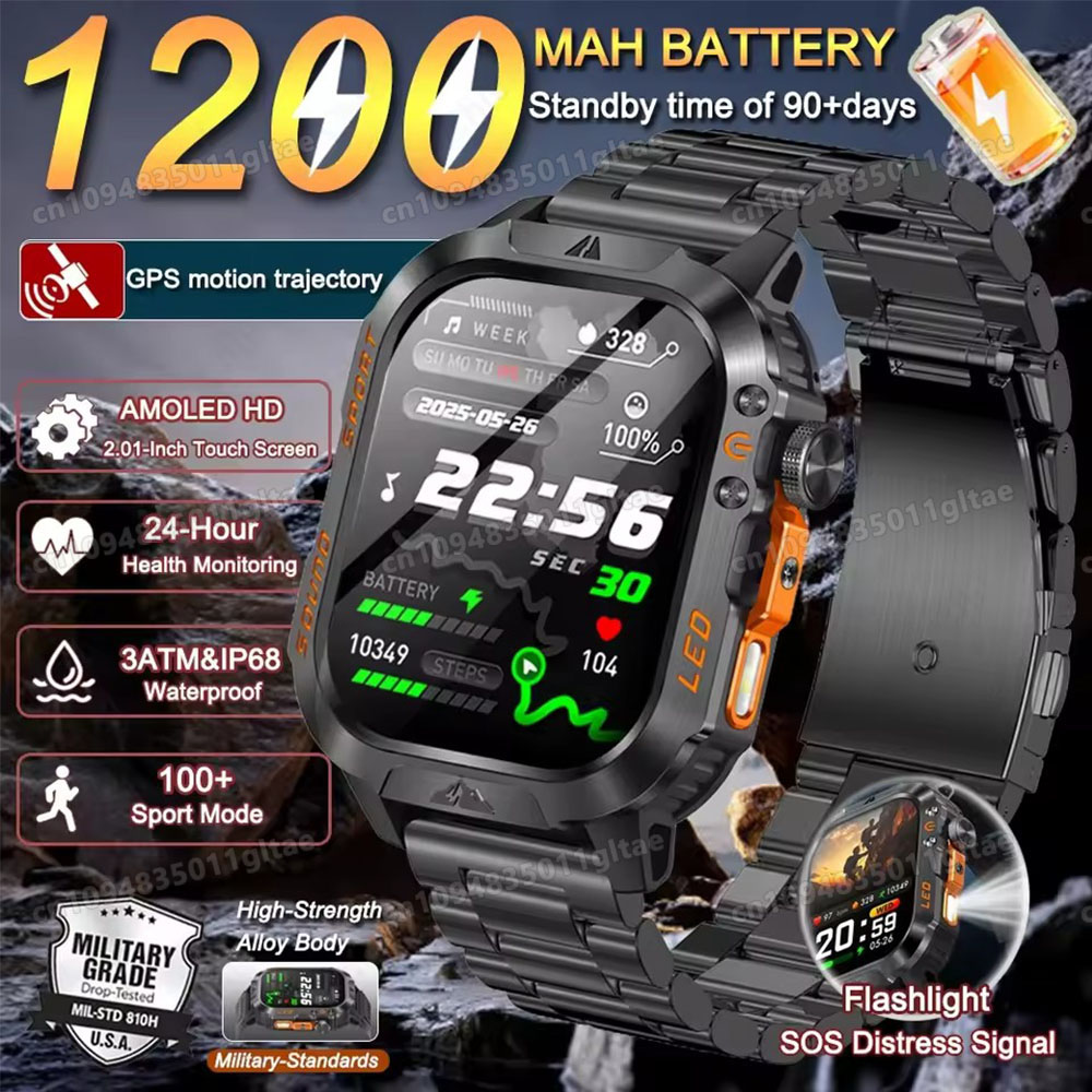 Outdoor Power Meter - 2026 ใหม่นาฬิกาสมาร์ททหารผู้ชาย IP67 3ATM กีฬากลางแจ้งฟิตเนสติดตามความดันโลหิตสุขภาพ BT