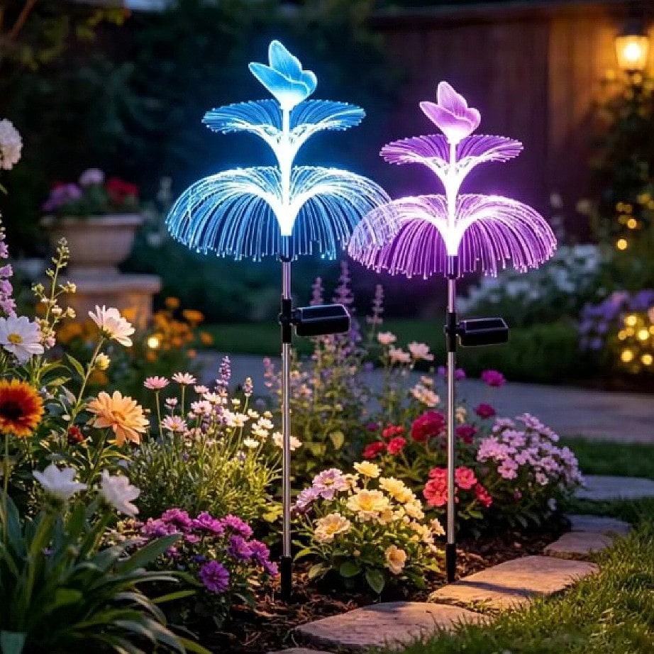 Outdoor Yard Power Stake - โคมไฟสวนพลังงานแสงอาทิตย์รูปแมงกะพรุน 2 ชิ้น, โคมไฟปักพื้นกันน้ำสำหรับทางเดินกลางแจ้ง, โคมไฟ LED